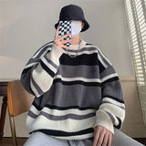Advbridge Striped Sweater Men's Japanese Loose Retro Student Contrasting Base Shirt Round Neck Knit Jacket Men's Handsome