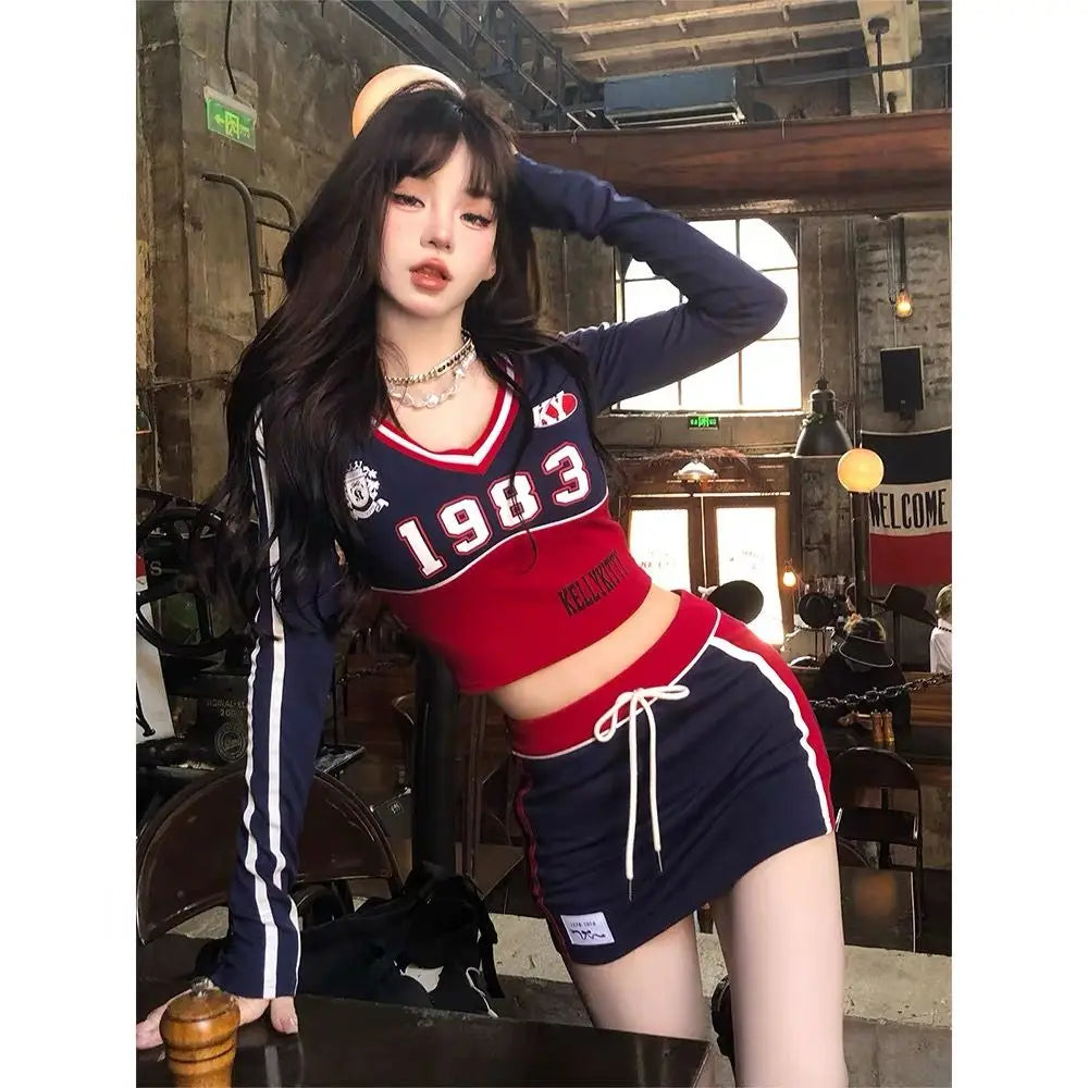 Advbridge Sweet and Cool Girly Style Sports Skirt Suit V Neck Short Digital T Shirt 2024 Two Piece Set Slimming Top Tight Hip Skirt Suit