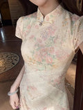 ADVBRIDGE  -  French Style Fashion Hollow Embroidery Fashion Dresses for Women Apricot Lace Patch Sweet Retro Print Dress Summer Elegant Lady