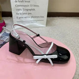 Advbridge Womens Mary Jane Shoes Black Patent Leather Female Sandals Back Straps with Bowknot