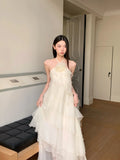 ADVBRIDGE  -  French Style Chic Hanging Neck Dress Women Elegant Flower Off Shoulder Sexy Ruffle Fashion Vestido Casual Apricot Dresses Summer
