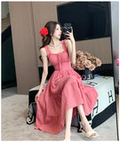 ADVBRIDGE  -  Summer Rose Pink Suspenders Strap Dresses Sweet Women Square Collar Ruffle Cute Backless Sexy Elegant Dress Female Casual
