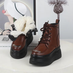 Advbridge 12CM Genuine Leather Winter Autumn Chimney Plush Spring Ankle Booties Fashion ZIP Women Moccasins Platform Wedge Shoes