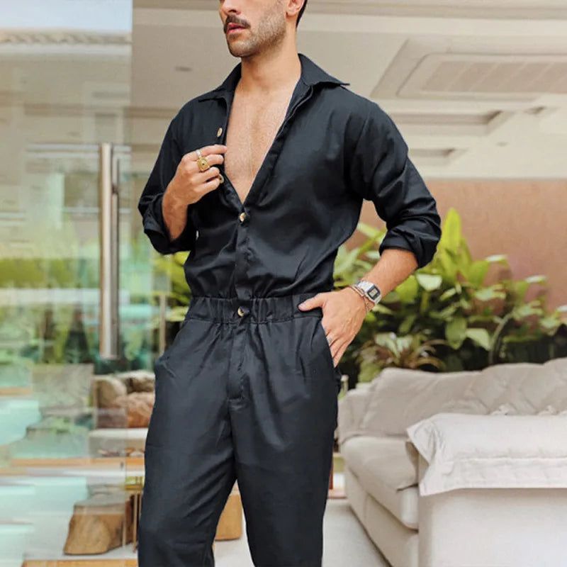 Advbridge Fashion Men Jumpsuits Solid Color Lapel Long Sleeve Casual Cargo Clothes Overalls Male Rompers Streetwear Girdle Waist Siamese