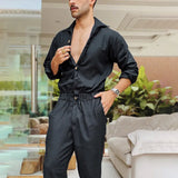 Advbridge Fashion Men Jumpsuits Solid Color Lapel Long Sleeve Casual Cargo Clothes Overalls Male Rompers Streetwear Girdle Waist Siamese