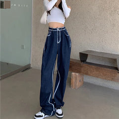 Advbridge Y2K Dark Blue brown High Waist Streetwear Open Line Decoration Jeans Harajuku Cargo Jeans  Women Pants Straight wide leg jeans