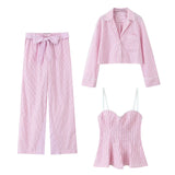 ADVBRIDGE  -  Pink Striped Casual Pants Sets Women Spring New Lace Trim Long Sleeve Pocket Crop Tops+Bow Sleeveless Tank Tops+Belted Trousers