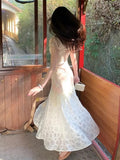 ADVBRIDGE  -  French Style Fashion Hollow Embroidery Fashion Dresses for Women Apricot Lace Patch Sweet Retro Print Dress Summer Elegant Lady