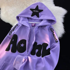 Advbridge Y2K zip up hoodie Harajuku American-style retro High Street Embroidery stars Zipper hoodie women loose lazy style chic coat top