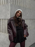 Advbridge Women Fashion Solid Lapel Pu Leather Belt Crop Coat Elegant Long Sleeved Zipper Pocket Jacket 2024 New Lady High Streetwears