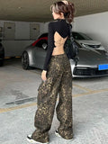 Advbridge Leopard Print Pants Women Y2K High Waist Multiple Pockets Vintage Trousers Streetwear Hip Hop Loose Wide Leg Cargo Jeans