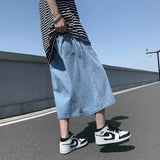 Advbridge Summer Solid Simple Jeans Shorts Male Calf Length Denim Men Elastic Waist Thin Short Jean Pants Mens Oversized Black/Blue