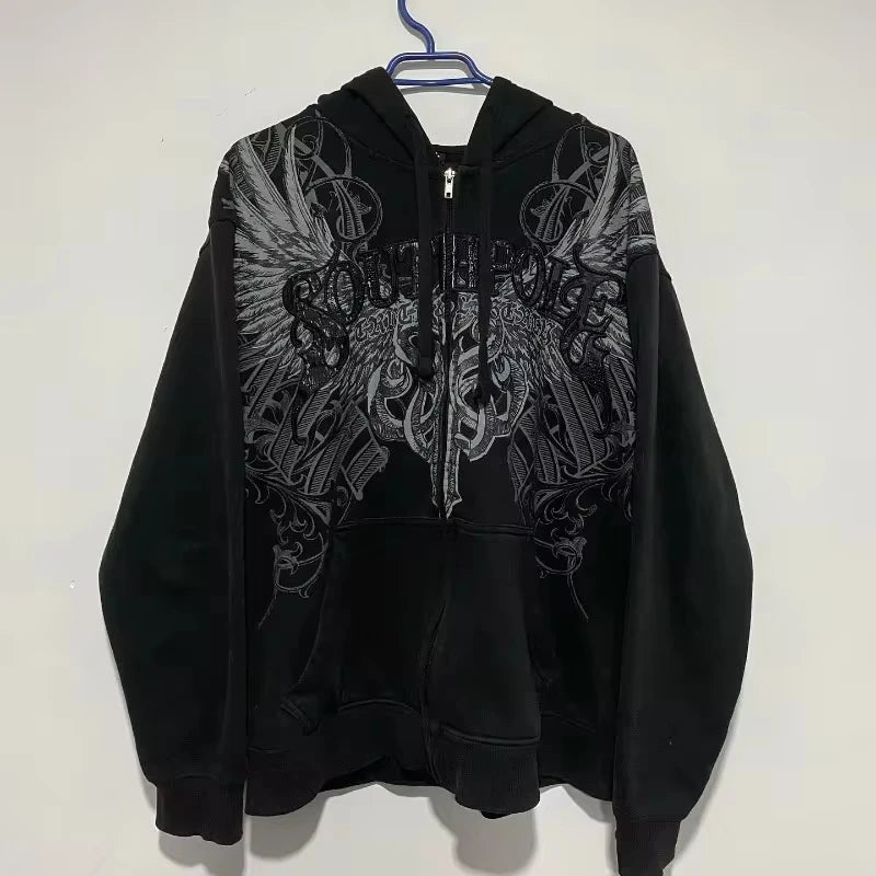 Advbridge Y2K Fashion New Oversized Skull Print Zipper Hoodie Men Street Vintage Gothic Punk Casual Watermark Couple Cardigan Sweater Tops