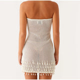 ADVBRIDGE  -  Sexy White Knit Mini Dress Strapless High Waist Summer Party Dresses See Through Tassels Elegant Slim Vestido Holiday Robe