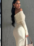 Advbridge 2024 Fashion Off Shoulder Maxi Knitted Dress Women's Elegant White Long Sleeved Skinny Robe Female Chic Autumn New Party Dresses
