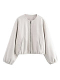 Advbridge Solid Zipper Woolen Coat Women Long Sleeve O Neck Lady Bomber Jacket Autumn Warm Pocket Female Street Chic Short Outwear
