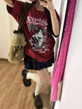 Advbridge Kawaii Cat Printed Red T-shirts Women Harajuku Oversized Punk Style Tops Cute Graphic Short Sleeve Tees Cotton Casual