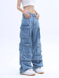 Advbridge Y2k Vintage Cargo Pants Women Multi-pocket Blue High Waist Jeans Streetwear Fashion Harajuku Casual Denim Wide Leg Pants