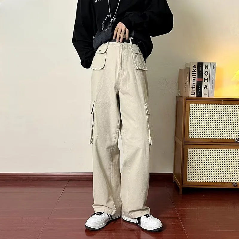 Advbridge -  Spring Summer Men's New Solid Color Casual Pants Men Loose Straight Wide Leg Pants Male Vintage Cargo Pants Streetwear H169