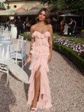 Advbridge Sweet Pink Layered Ruffles Split Women's Strapless Dress Elegant Backless Off Shoulder Maxi Vestido Chic 2024 Female Party Robes