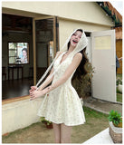 ADVBRIDGE  -  French Style Sweet Mini Dresses Women Apricot Lace Halter V-neck Elegant Party Dress Summer Pink Print Retro Vestido Kawaii Lady
