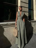 Advbridge Solid Zipper Patchwork Waist Up Dress Women Sexy V-neck  Sleeveless Pleated Hem Slim Dresses 2024 New Lady Street Robes