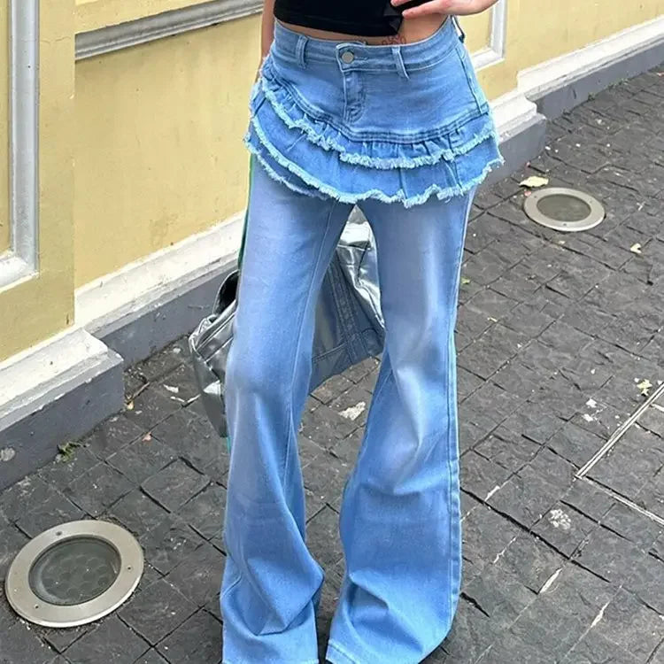 ADVBRIDGE  -  Y2K American Casual Washed Spliced Women Jeans New Fashion 2000s High-waisted Jeans Hip-hop Slim Micro-flared Wide-leg Trousers
