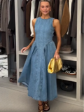 ADVBRIDGE  -  Casual Backless Denim Long Dress Fashion Lace Up Sleeveless Pleated Zipper Gown New Women Summer Highstreet Holiday Dresses 2025