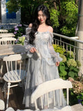 Advbridge Autumn French Print Fairy Long Dresses for Women Elegant Off Shoulder Ruffles A-Line Birthday Party Dress One Piece Vestidos New