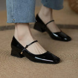 Advbridge -  New Square-toe Leather Shoes Red Black Mary Janes Shoes Women'S Shallow Mouth Casual Chunky Heel Shoes Low Heels Shoes