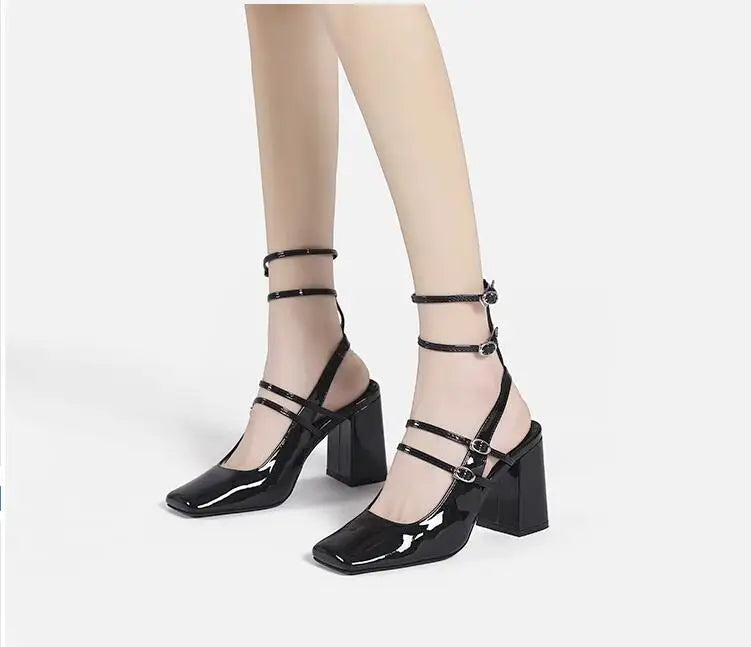 Advbridge New Retro French Square Toe Women High Heel Pumps Sexy Strappy Buckle Black Sandals Chunky High Heels Party Shoes