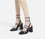 Advbridge New Retro French Square Toe Women High Heel Pumps Sexy Strappy Buckle Black Sandals Chunky High Heels Party Shoes