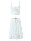 Advbridge Lace Up White 2 Pcs Outfit Women Summer Dress Set 2024 New Beach Cotton Skirt Matching Set Midi Vestido Chic Sundress