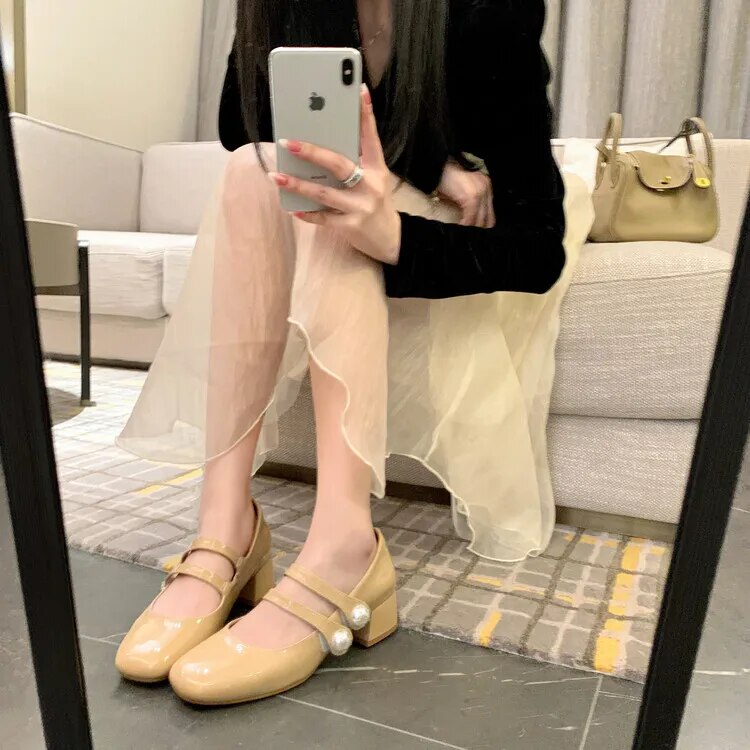 Advbridge New Spring Mary Jane Shoes Casual Shoes Chunky Heels Shoes for Women Square Toe Women Pumps Zapatos Mujer Large Size 34-43