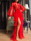 Advbridge Sexy Red Tulle Dress Women Dot Flocking Layer Ruffles Slit Maxi Long Fairy Dress Spring Fall See Through Evening Party Club Robe