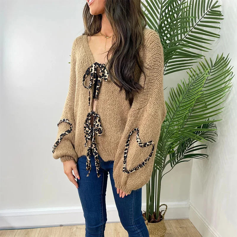 Advbridge Leopard Printed Women Knitted Sweater Hollow Out Lace Up Bow V Neck Female Loose Cardigan 2024 Autumn High Street Lady Sweaters