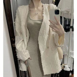 ADVBRIDGE  -  Korean Elegant Solid Tassel Women Coat Autumn New Double Breasted Female Suit Coat All Match Pockets Long Sleeve Ladies Top
