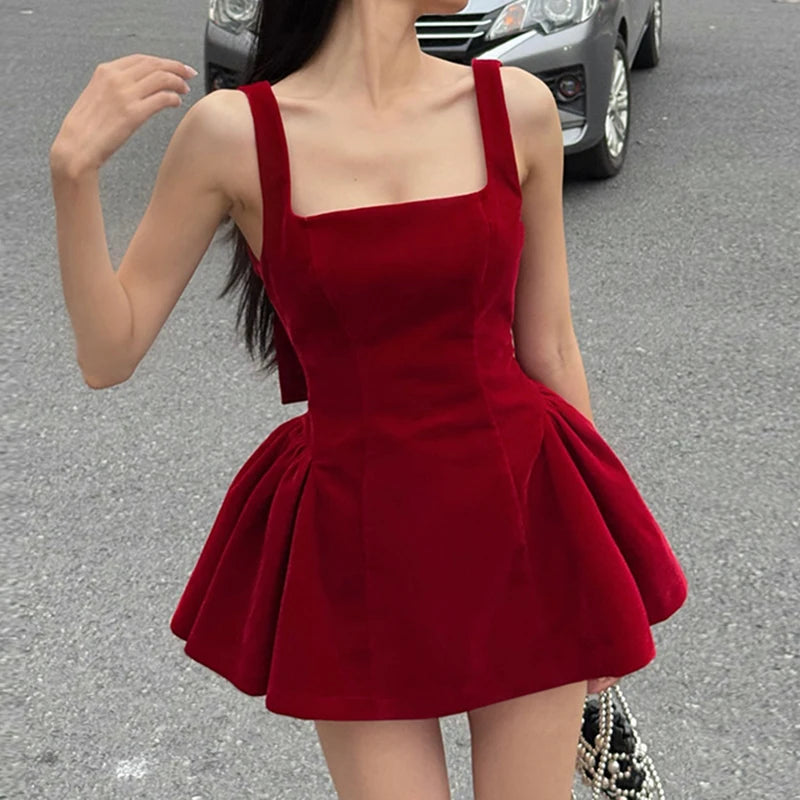 Advbridge V Line Big Bow Backless Red Short Dress Square Collar Elegant Women Sleeveless Mini Dresses Summer A-line Dress Cute