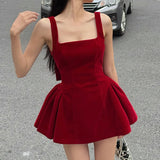 Advbridge V Line Big Bow Backless Red Short Dress Square Collar Elegant Women Sleeveless Mini Dresses Summer A-line Dress Cute