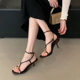 ADVBRIDGE  -  Brown Stiletto Heel Sandals Sexy T Strap Ankle Buckle High Heels Metals Summer Ladies Dress Shoes Black Sandales Femmes