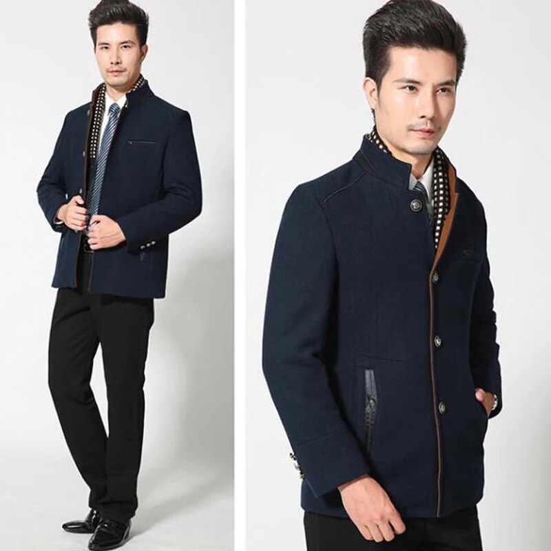 Advbridge Winter Trench Coat Men Casual Thick Wool Overcoat Men's Stand Collar Woolen Coats With Detachable Scarf Parka Casaco Masculinos