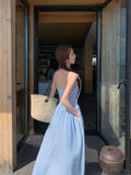 ADVBRIDGE  -  Summer Black padded Camisole Sleeveless Dress Women Solid French High Waist Loose Cinched A-line Holiday Long Dress X919