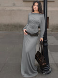 ADVBRIDGE  -  Long Sleeve Ruched Sexy Maxi Dress for Women Elegant Solid Slash Neck High Waist Bodycon Sexy Long Dresses Streetwear
