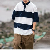 Advbridge Japanese Style Summer New Men's Turn-down Collar Spliced Striped Button Fashion Vintage Loose Half Sleeve Tops T-shirt