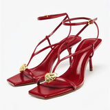 ADVBRIDGE  -  Luxury Brand Metal Decoration Open Toe Women's Heeled Sandals 2025 New Square Toe High Heels Sexy Ankle Straps Buckle Sandals