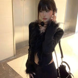 Advbridge Black Fluffy V-neck Cardigans Mujer Spring Autumn Slim Fit Knitted Tops Women Y2k E-Girl Long Sleeve Bottoming Sweaters
