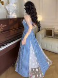ADVBRIDGE  -  Women Spaghetti Dress Sweet Bow Lace Strapless Sexy Plaid Retro Suspenders Vstidos mujer French Style Elegant Dresses Summer