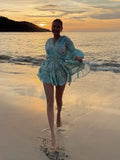 ADVBRIDGE  -  Sweet V Neck Printed Mini Dress Elegant Lace Up Long Sleeve Pleated Fluffy Gowns New Women's Summer Beach Vacation Vestidos 2025