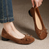 ADVBRIDGE  -  Women's natural suede leather square toe slip-on flats 3cm round low heel sweet bowtie casual female four season shoes for woman