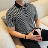 ADVBRIDGE  -  Men Pinstripe Polo Shirt - Summer Business Casual Half-Zipper  Turn-Down Collar Versatile Short Sleeve Top Stylish Everyday Wear